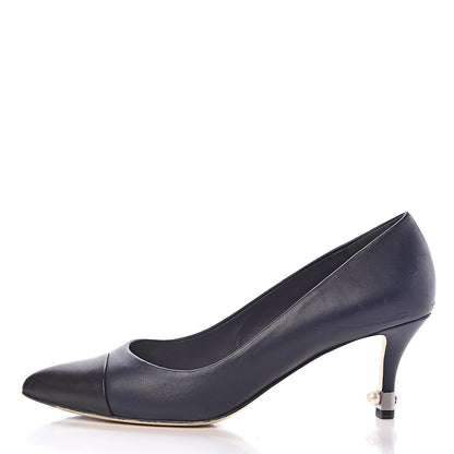 Chanel Lambskin Cap Toe Pearl Pumps 39 Navy Blue Black 1 of 12