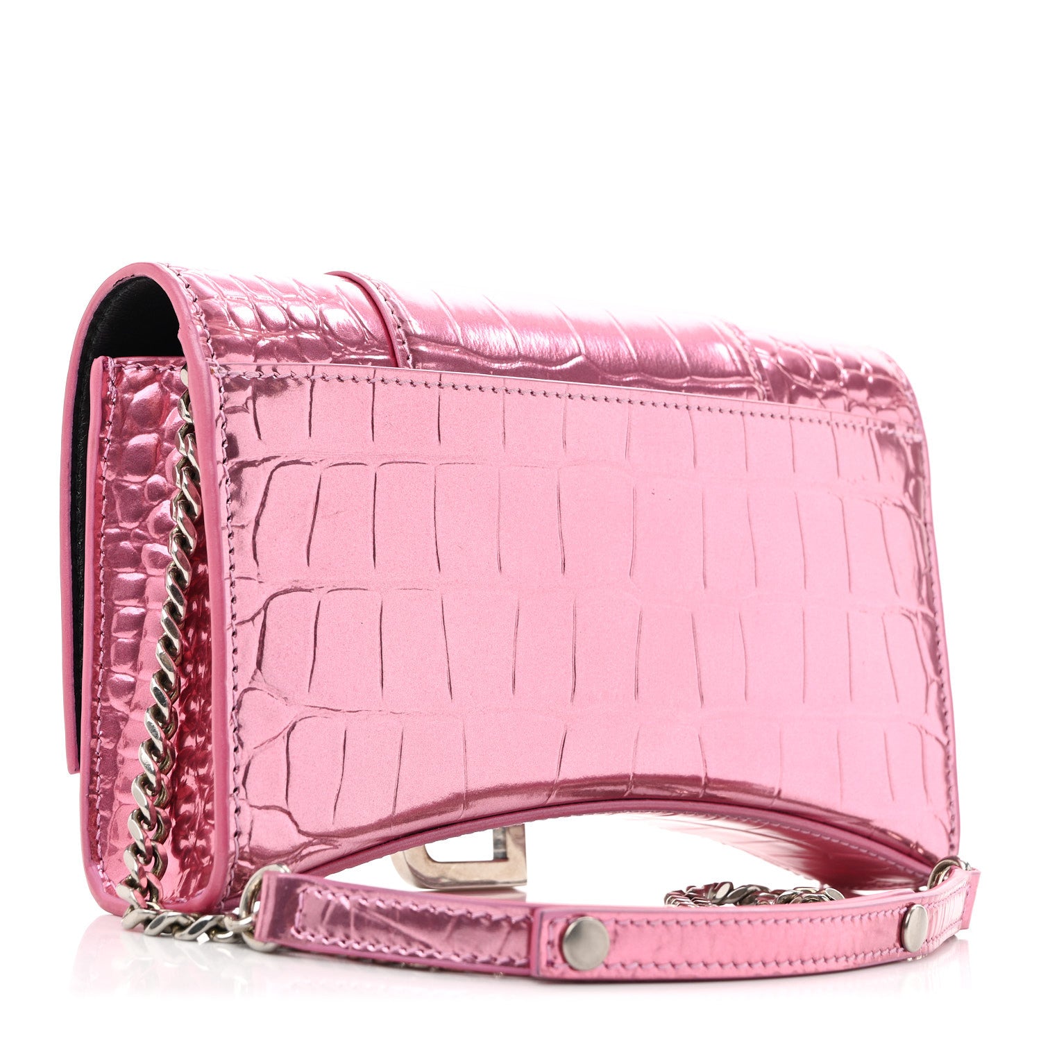 Balenciaga Metallic Shiny Calfskin Crocodile Embossed Hourglass Chain Bag Pink 3 of 13