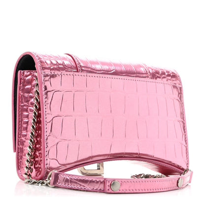Balenciaga Metallic Shiny Calfskin Crocodile Embossed Hourglass Chain Bag Pink 3 of 13