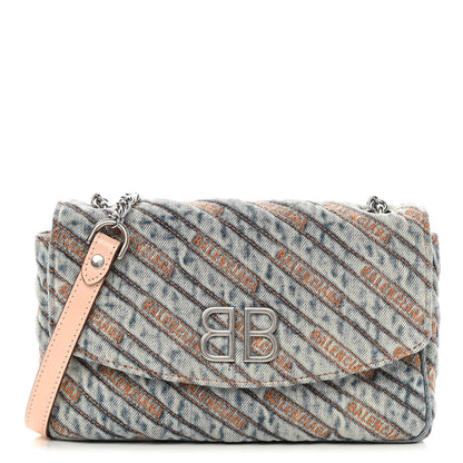Balenciaga Destroyed Denim Jacquard Logo Matelasse BB Chain Wallet Bluette 1 of 13
