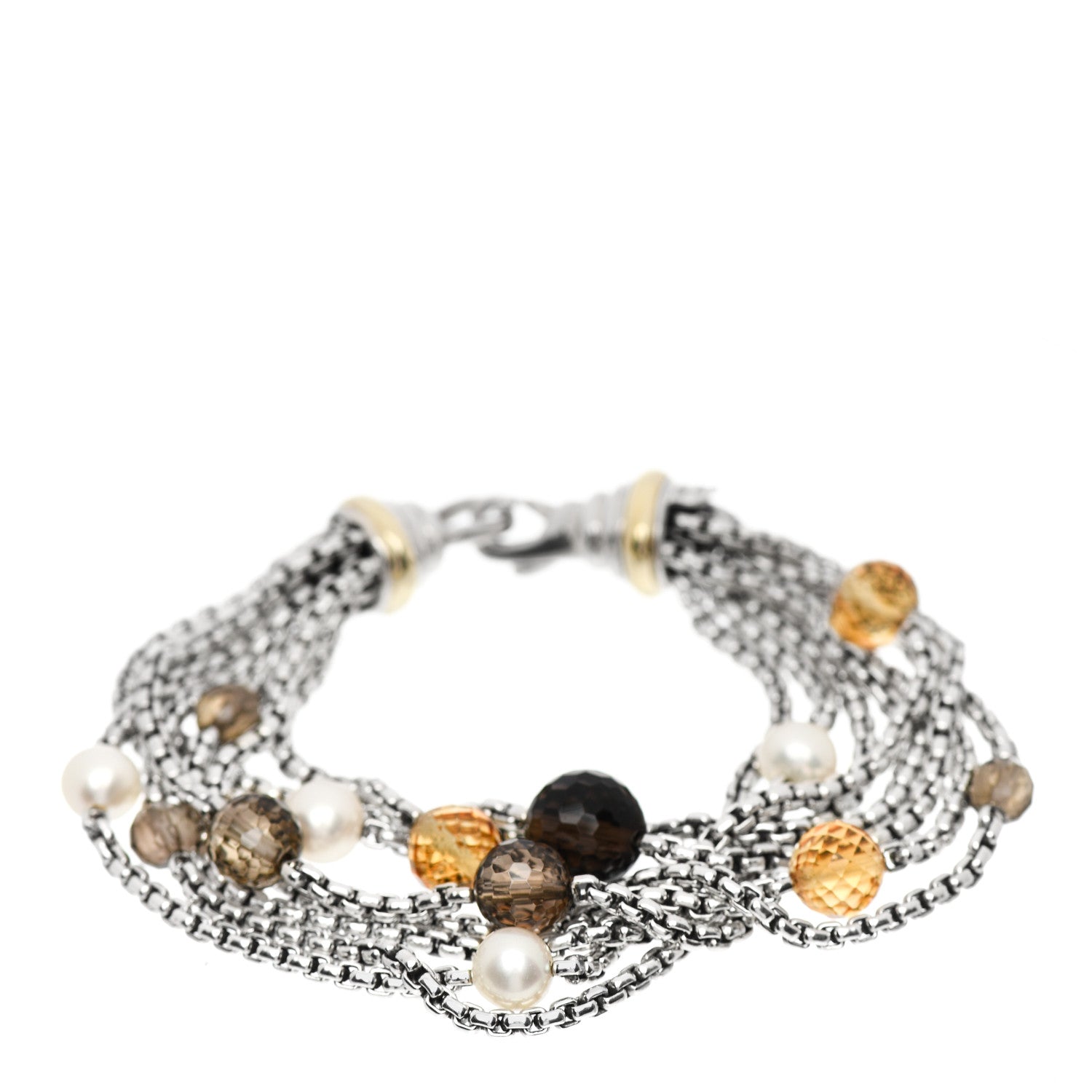 David Yurman Sterling Silver 18K Yellow Gold Citrine Pearl Smoky Quartz Multi-Chain Bracelet 1 of 3
