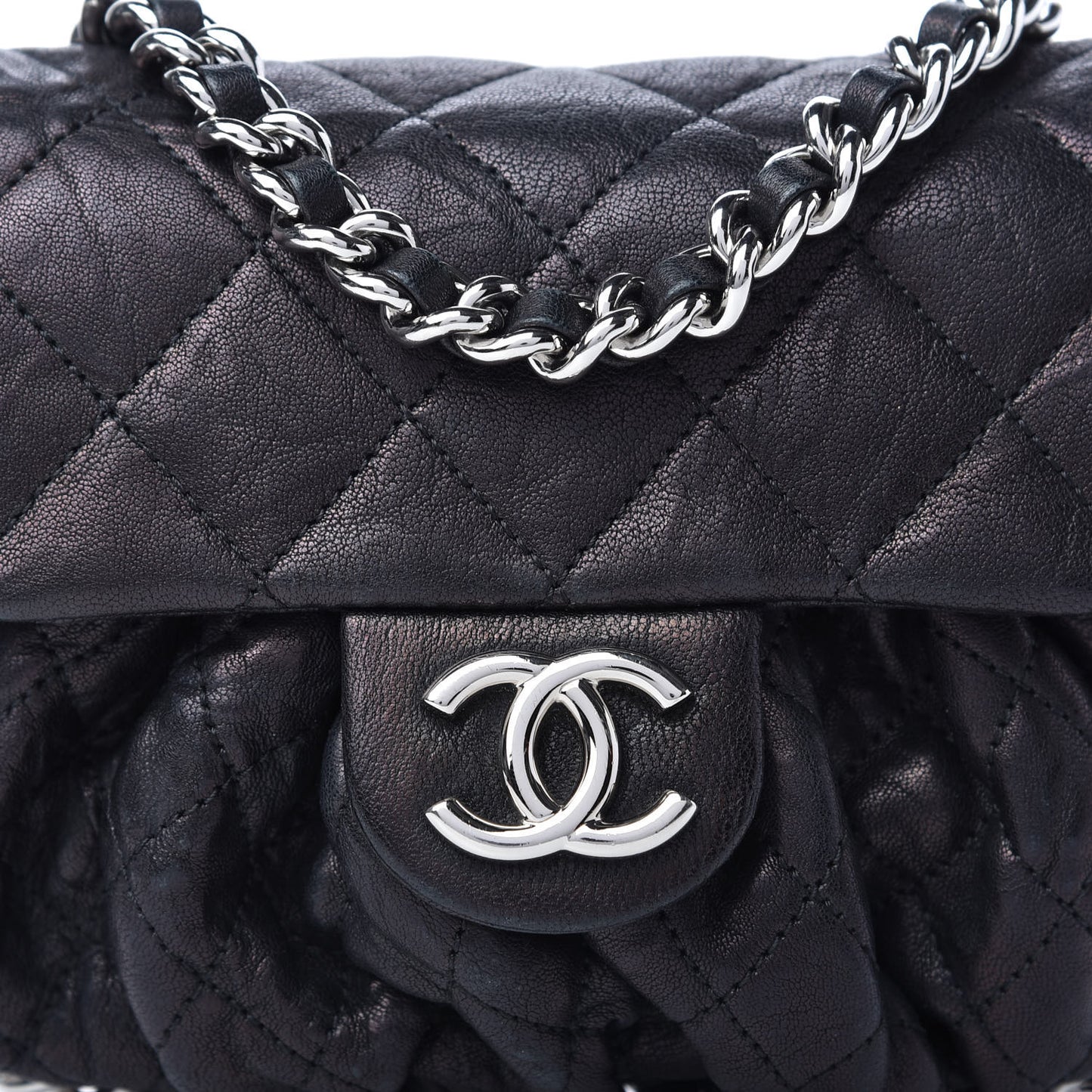 Metallic Washed Lambskin Quilted Mini Chain Around Flap Black