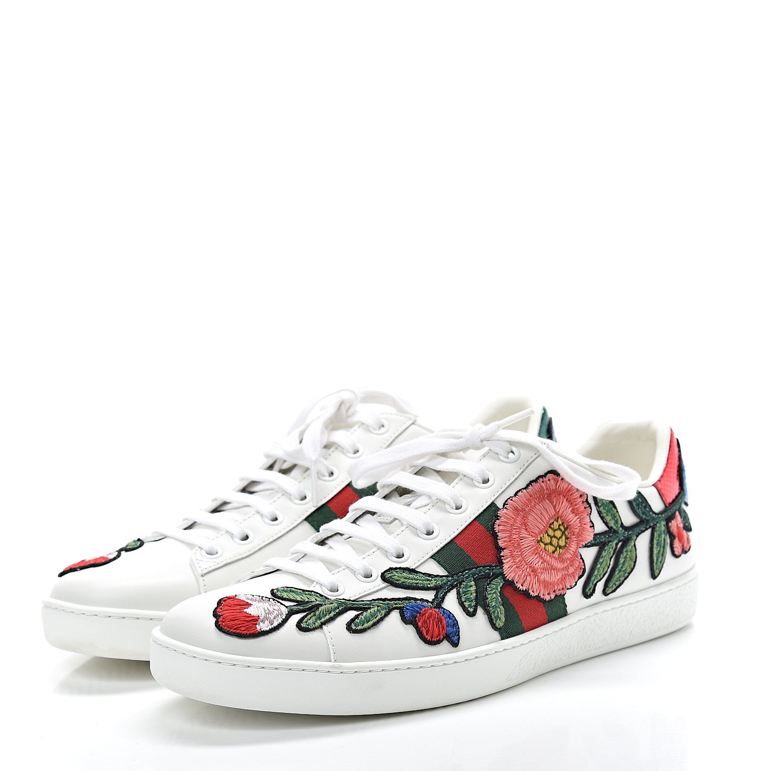 Gucci Calfskin Web Floral Embroidered Womens Ace Sneakers 40 White 3 of 10