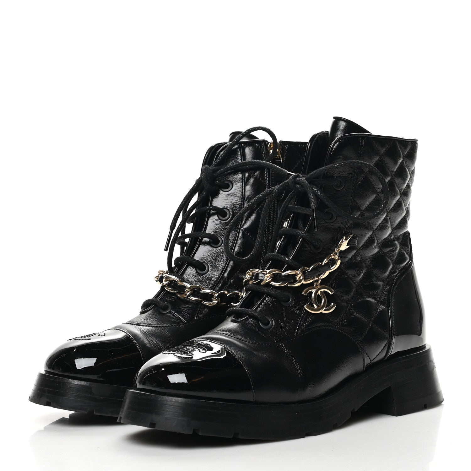 Chanel Shiny Calfskin Patent Quilted Chain Lace Up Combat Boots 38 Black 3 of 8