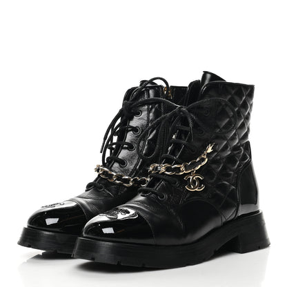 Chanel Shiny Calfskin Patent Quilted Chain Lace Up Combat Boots 38 Black 3 of 8