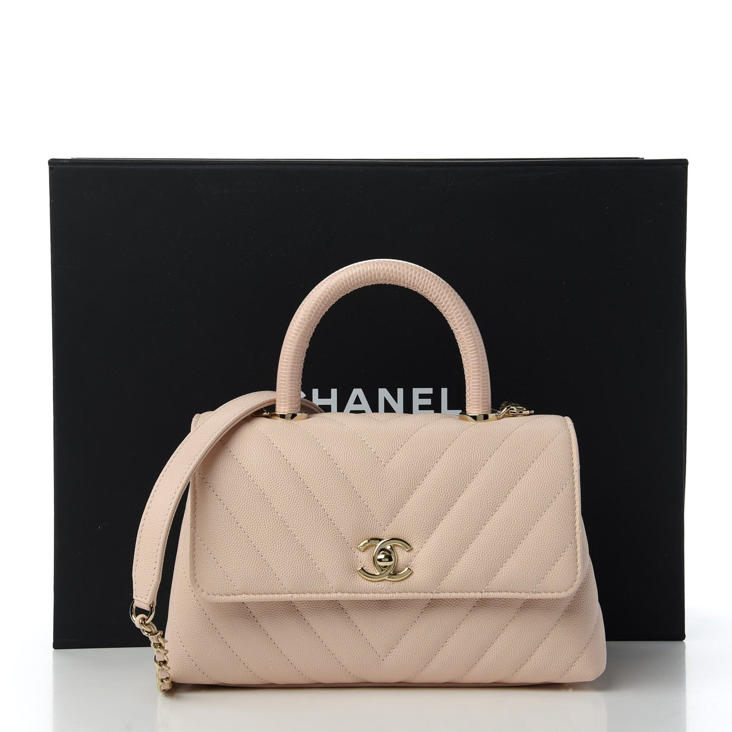 Caviar Lizard Embossed Chevron Quilted Mini Coco Handle Flap Beige