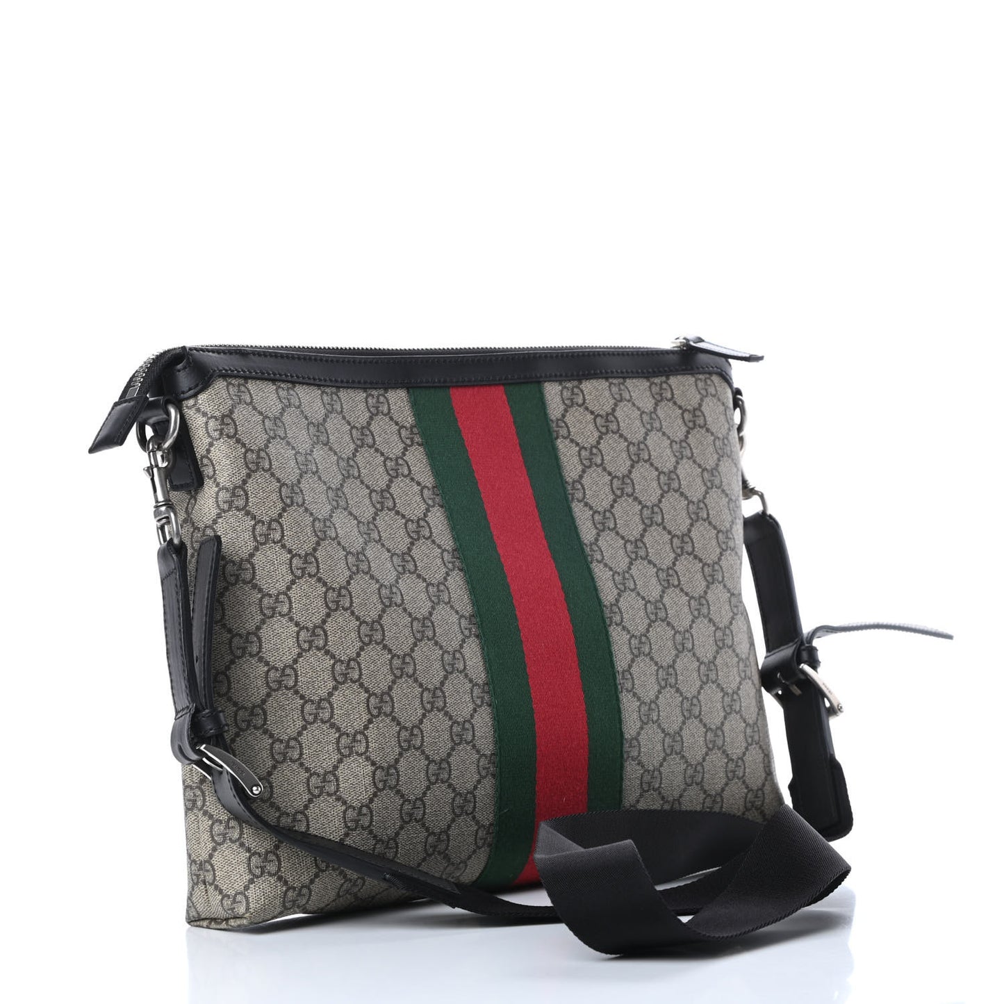GG Supreme Monogram Calfskin Web Medium Flat Messenger Bag Beige Ebony Black