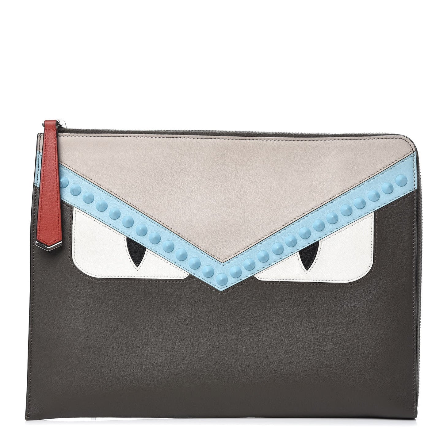 Vitello Dolce Monster Eyes Studded Zip Around Pouch Carbone White Multicolor