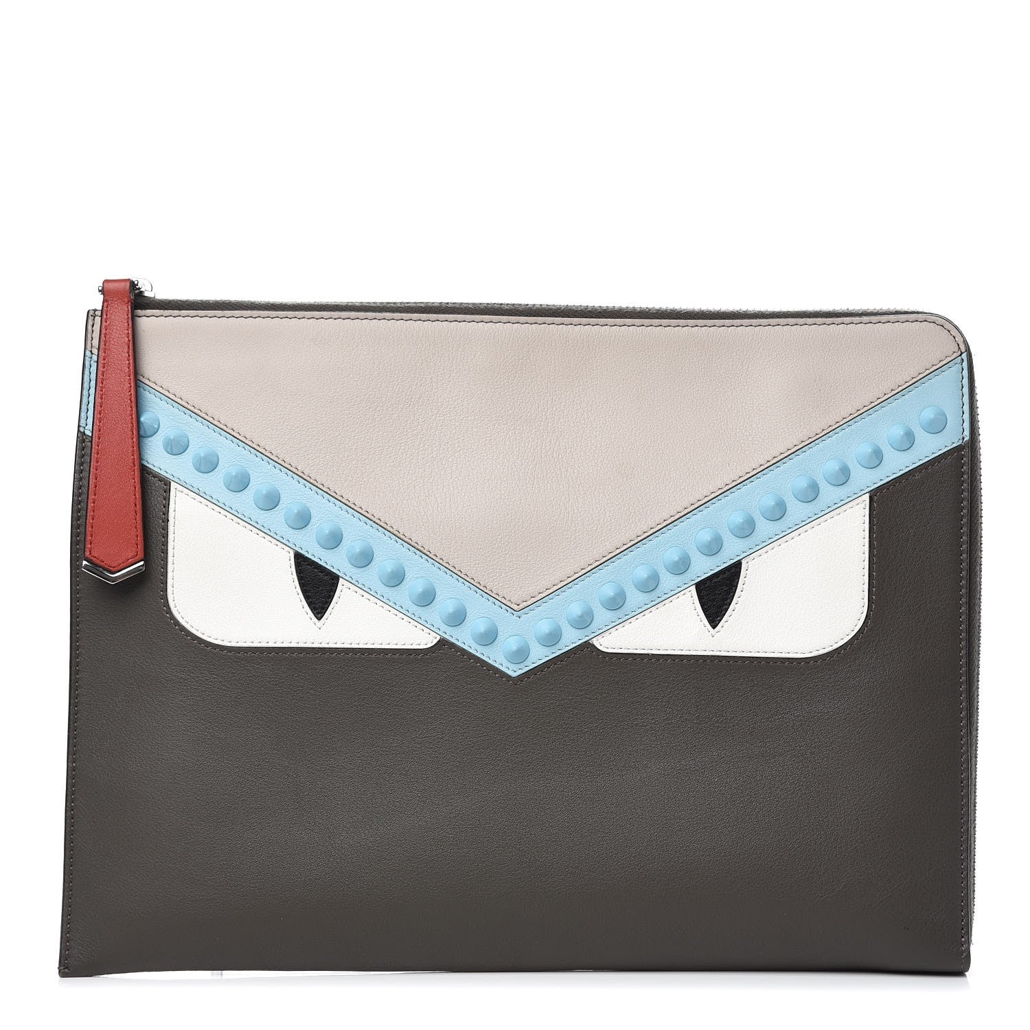 Fendi Vitello Dolce Monster Eyes Studded Zip Around Pouch Carbone White Multicolor 1 of 8