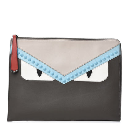 Fendi Vitello Dolce Monster Eyes Studded Zip Around Pouch Carbone White Multicolor 1 of 8