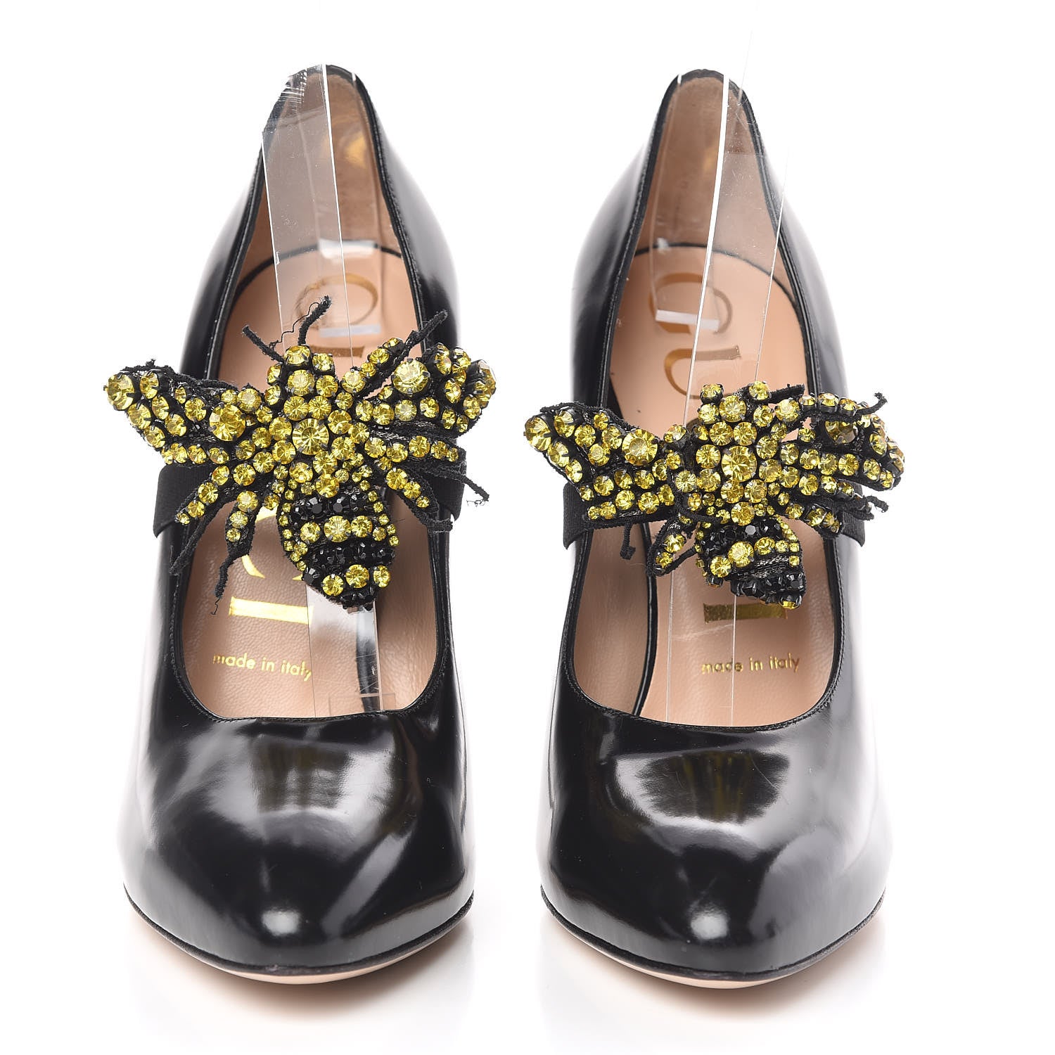 Gucci Polished Calfskin Removable Bee Elaisa Platform High Heel Pumps 37 Black 2 of 10