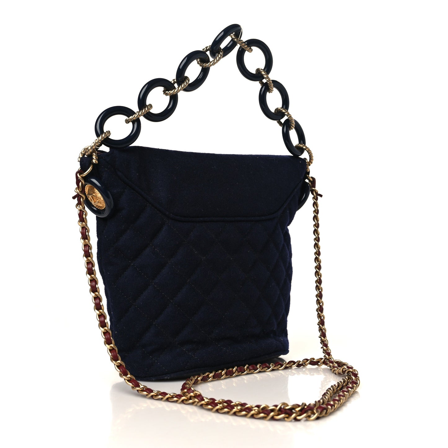 Wool Lambskin Quilted Paris Hamburg Charms Bucket Bag Dark Navy