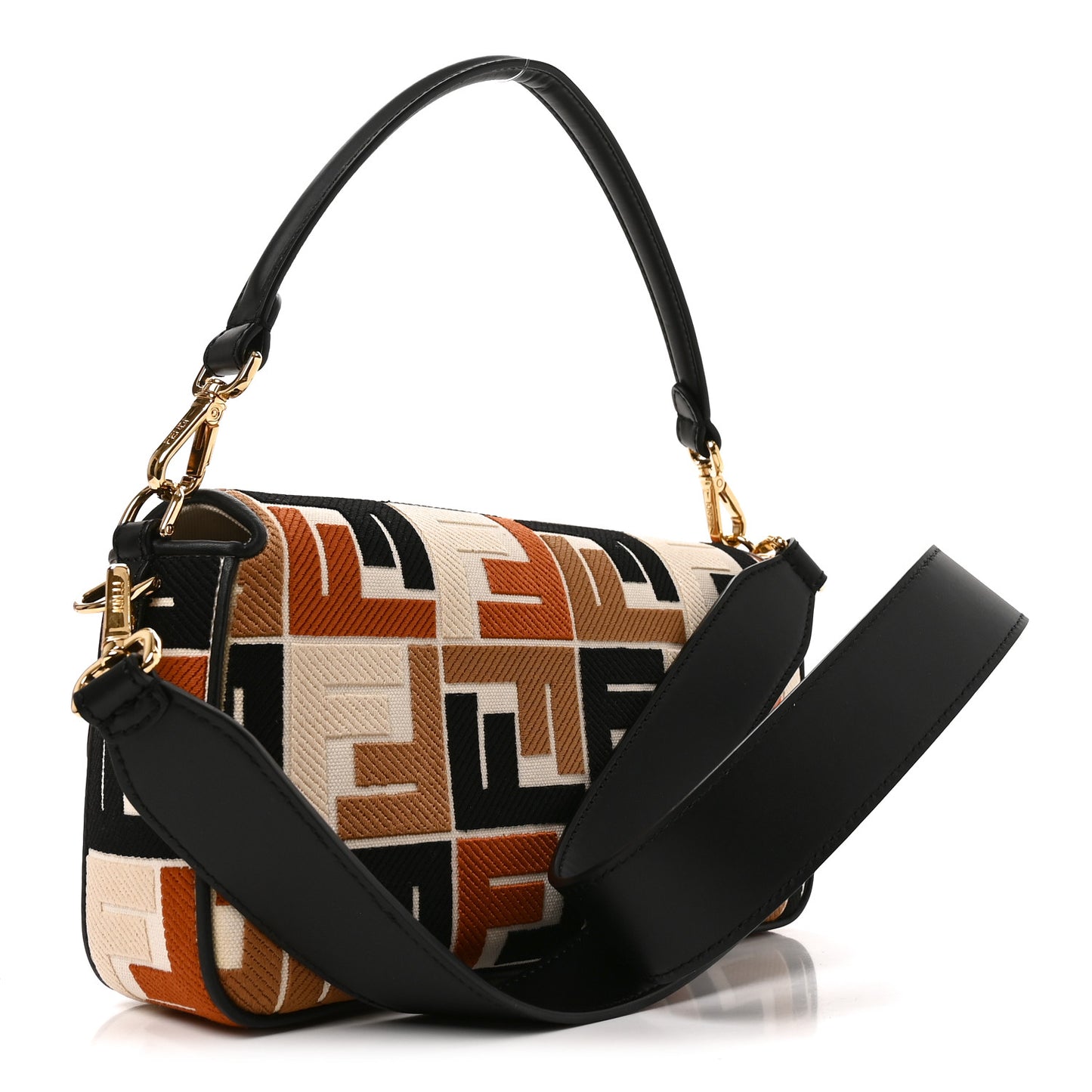 Canvas Vitello Seta FF Embroidered Baguette Brandy Black