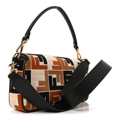 Fendi Canvas Vitello Seta FF Embroidered Baguette Brandy Black 3 of 10