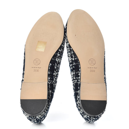 Chanel Tweed Grosgrain Cap Toe Ballerina Flats 38.5 Navy Blue White Black 6 of 11