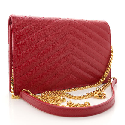 Saint Laurent Grain De Poudre Matelasse Chevron Monogram Envelope Chain New Red 3 of 13