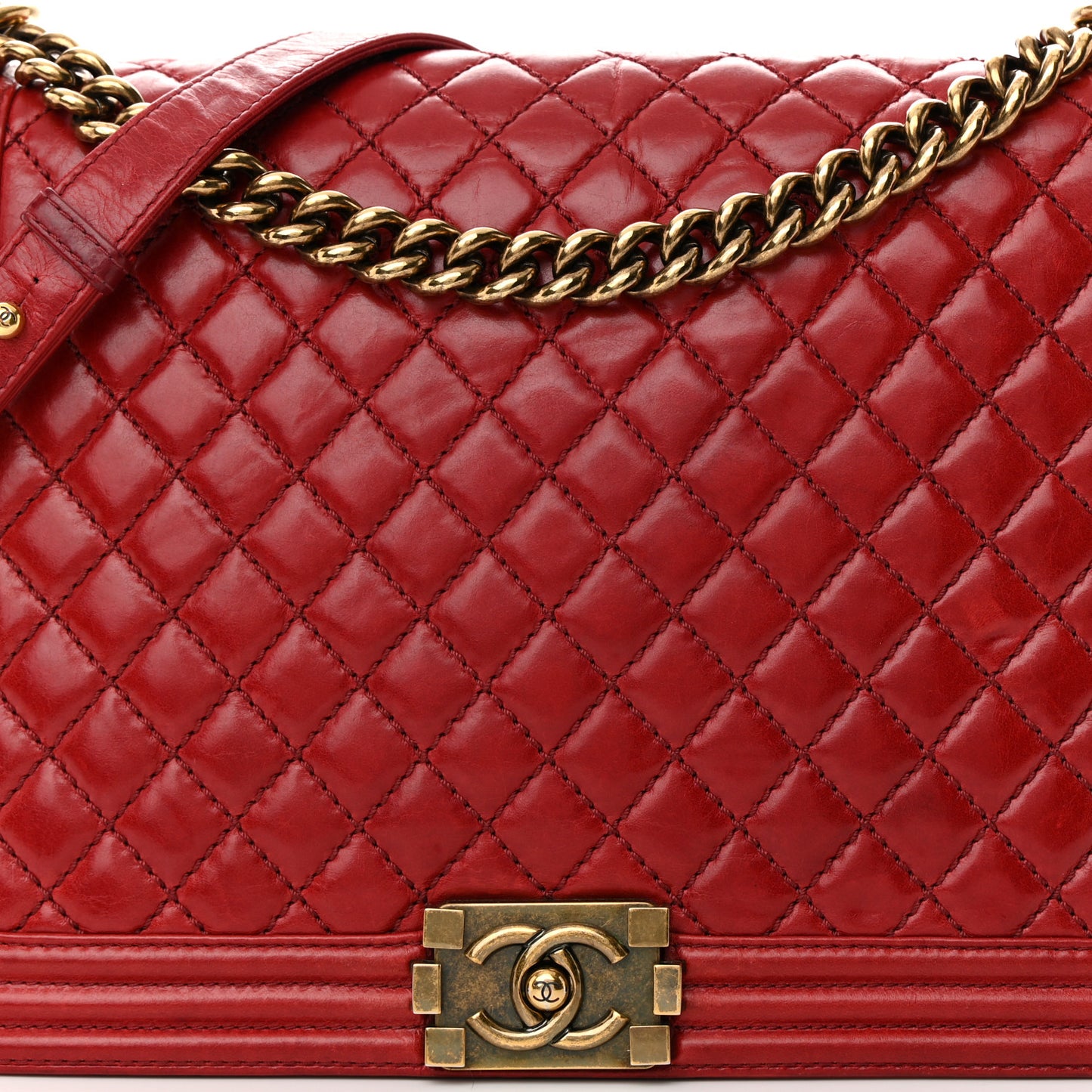 Aged Glazed Calfskin Quilted Large Boy Flap Red