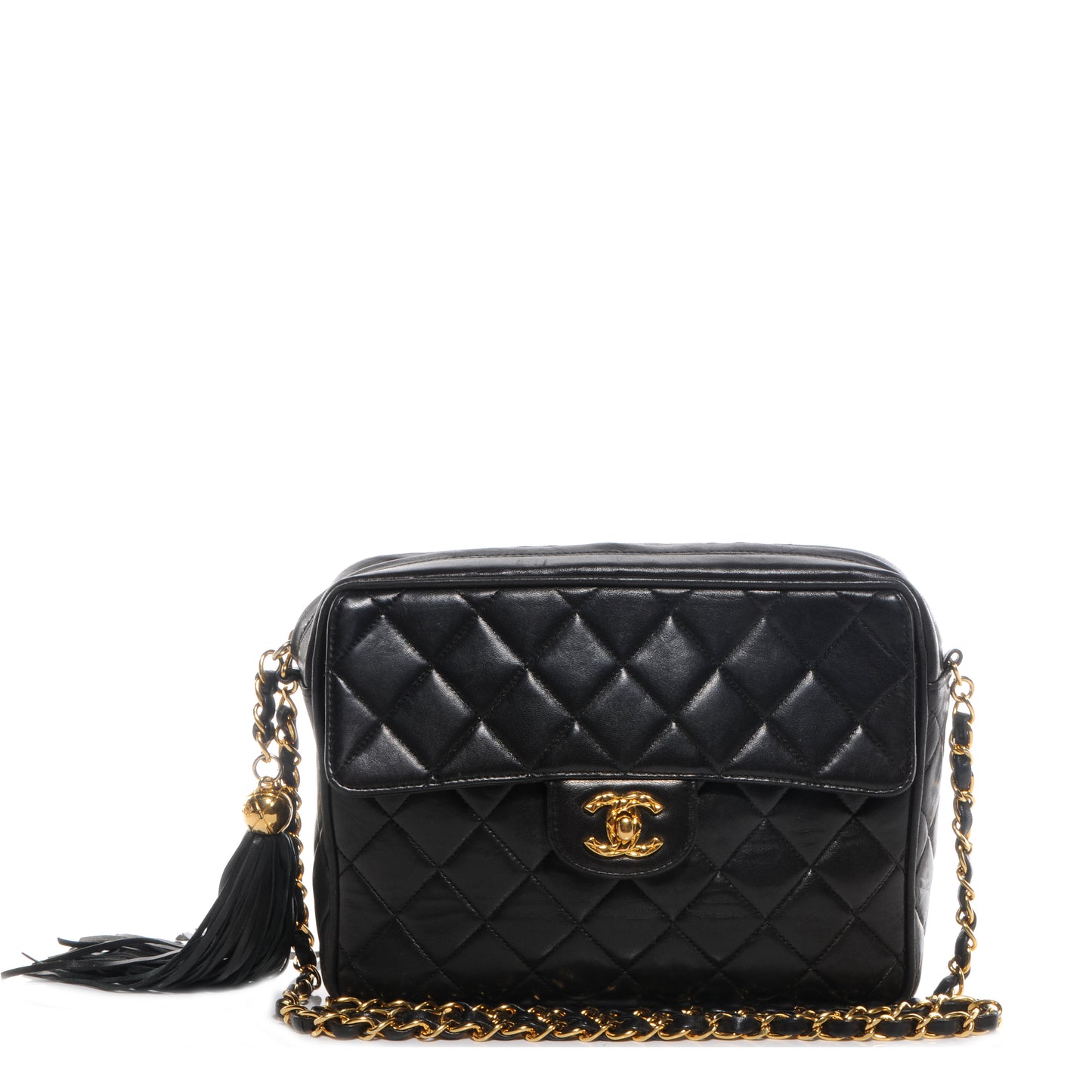 Lambskin Quilted Flap Camera Tassel Case Black