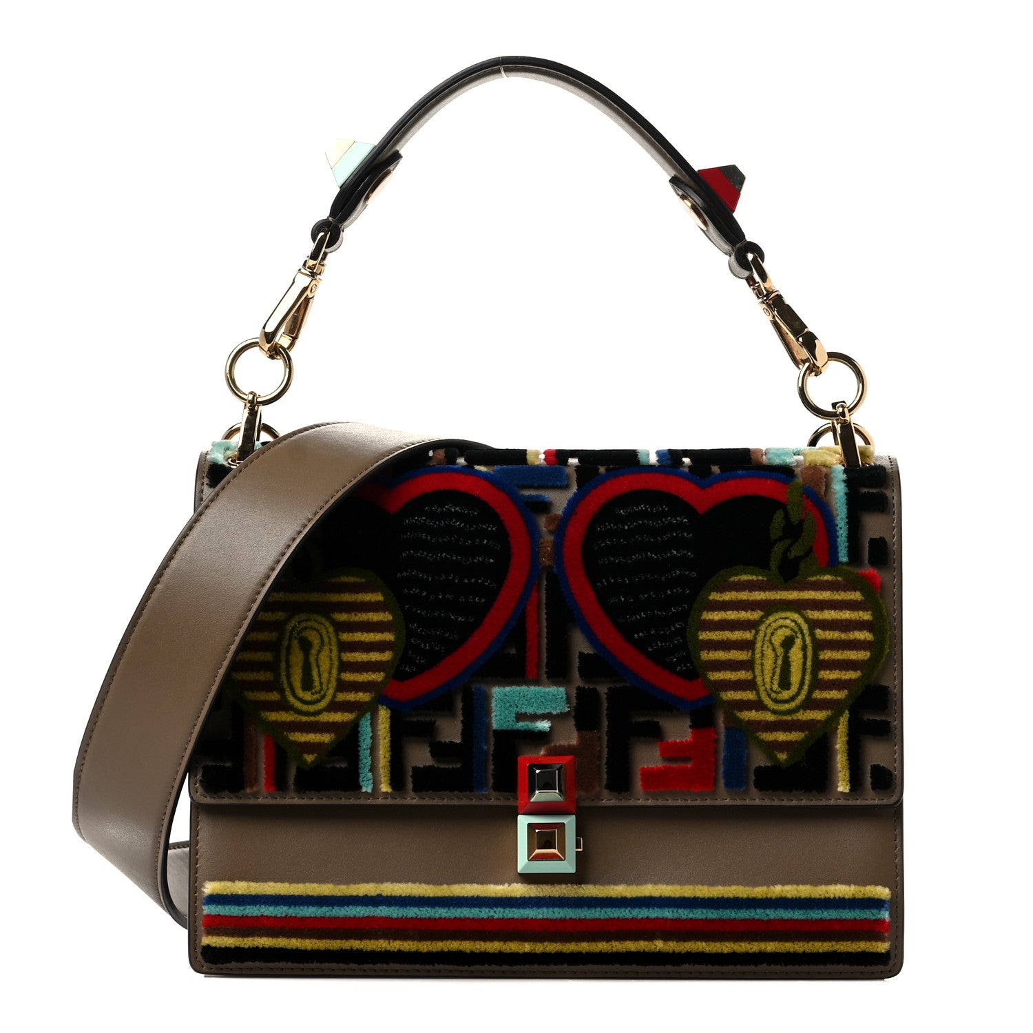 Fendi Vitello Liberty Velvet FF 1974 Hearts Padlock Embroidered Kan I Shoulder Bag Fango Multicolor 1 of 8