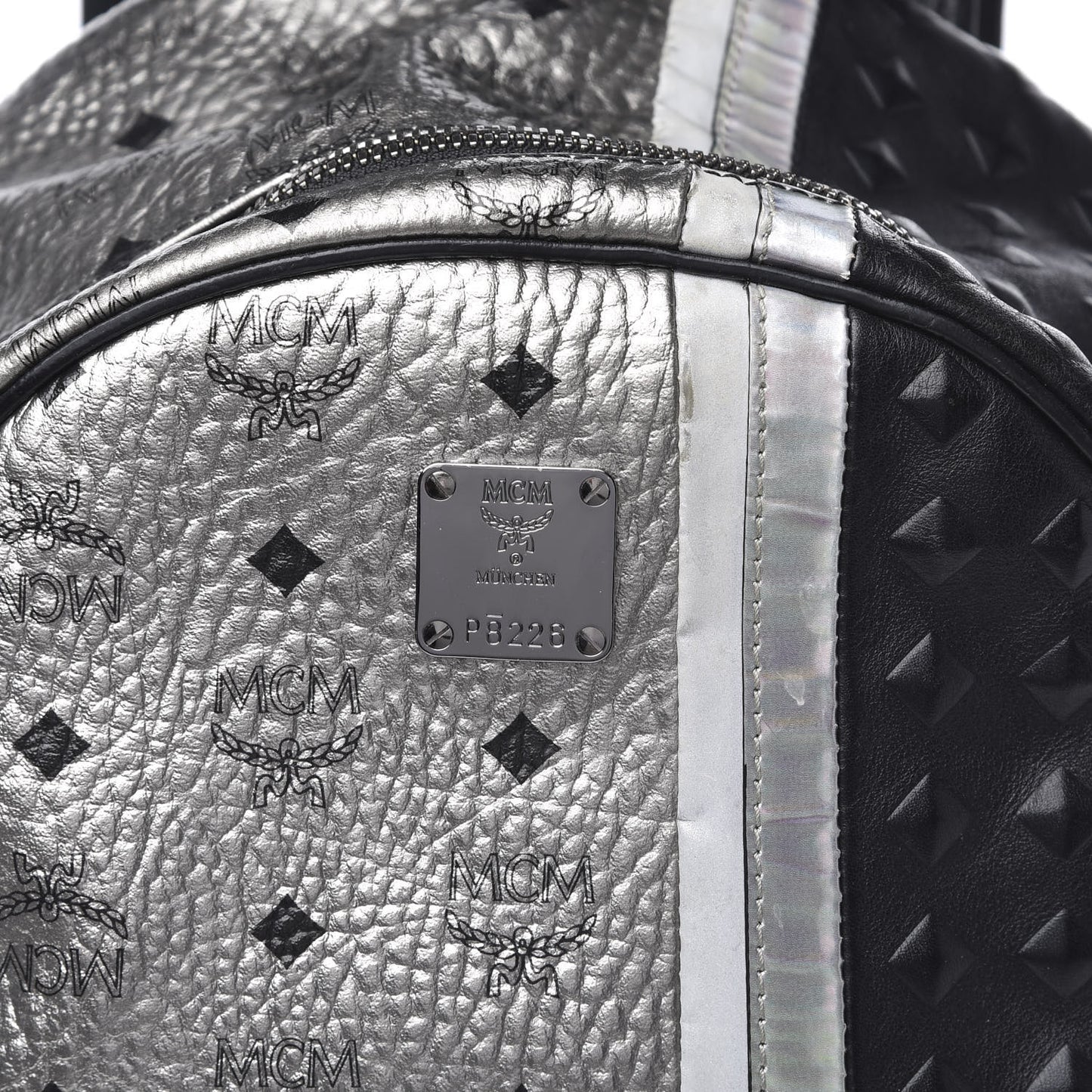 Metallic Visetos Calfskin Medium Studded Munich Lion Stark Backpack Silver Black