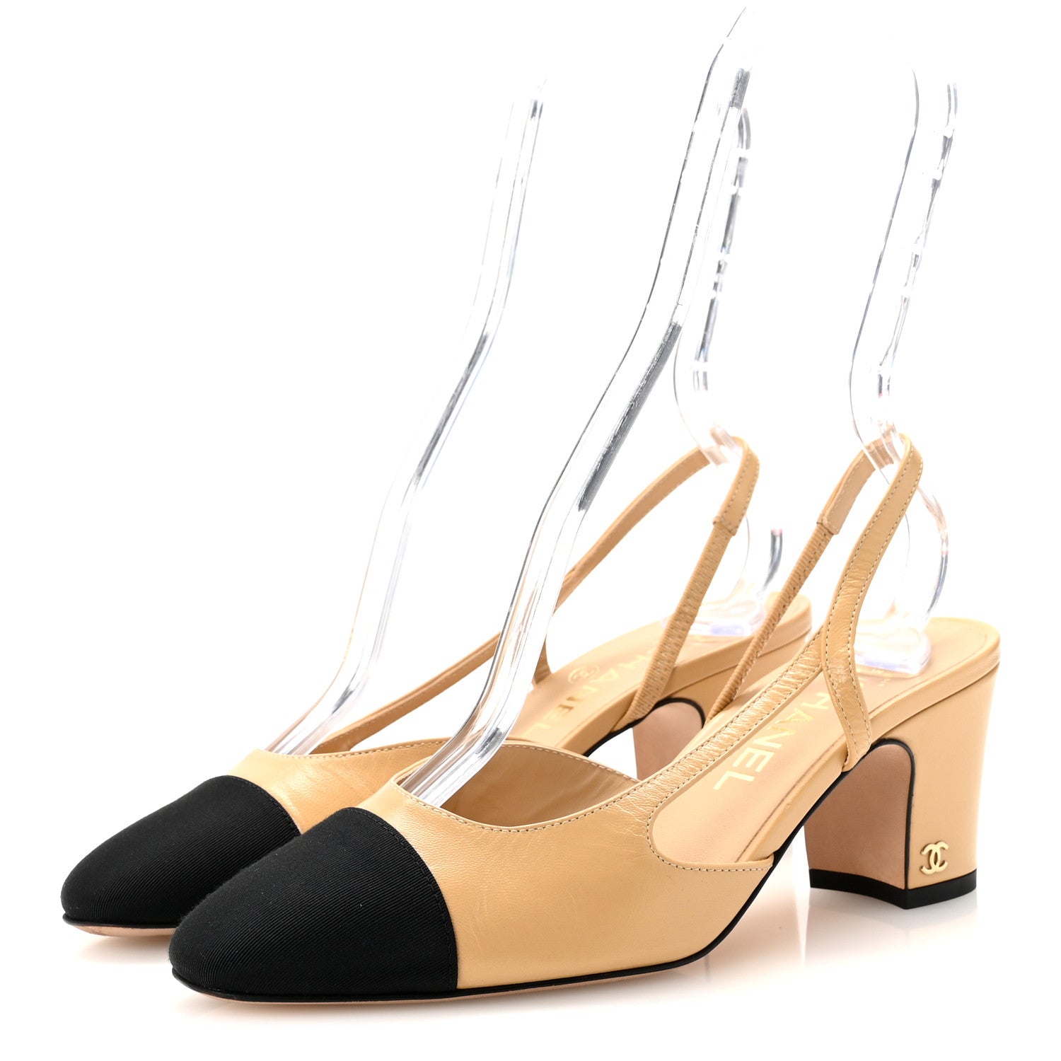 Chanel Goatskin Grosgrain Cap Toe CC Slingback Pumps 37.5 Beige
