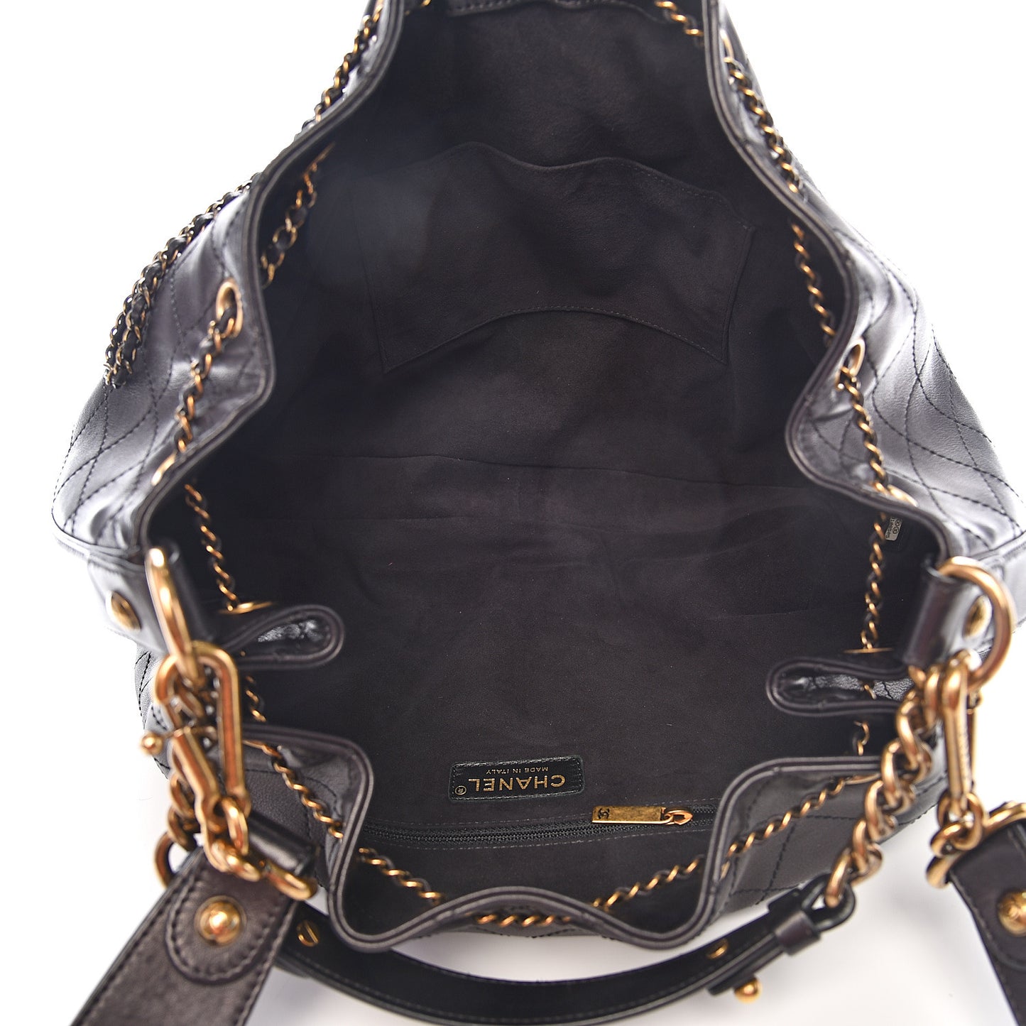 Calfskin Stitched Medium Drawstring CC Bag Black