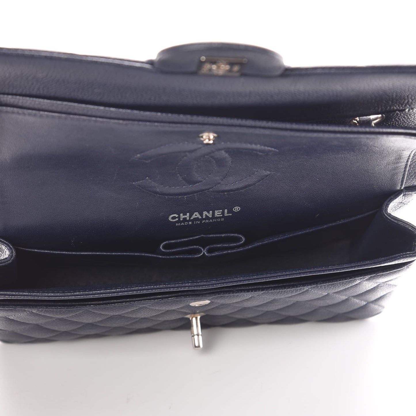 Caviar Quilted Medium Double Flap Dark Blue