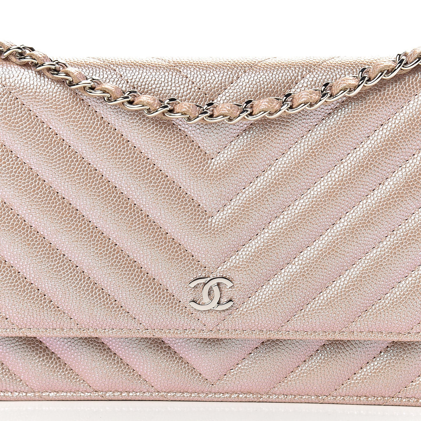 Metallic Caviar Chevron Quilted Wallet On Chain WOC Light Gold