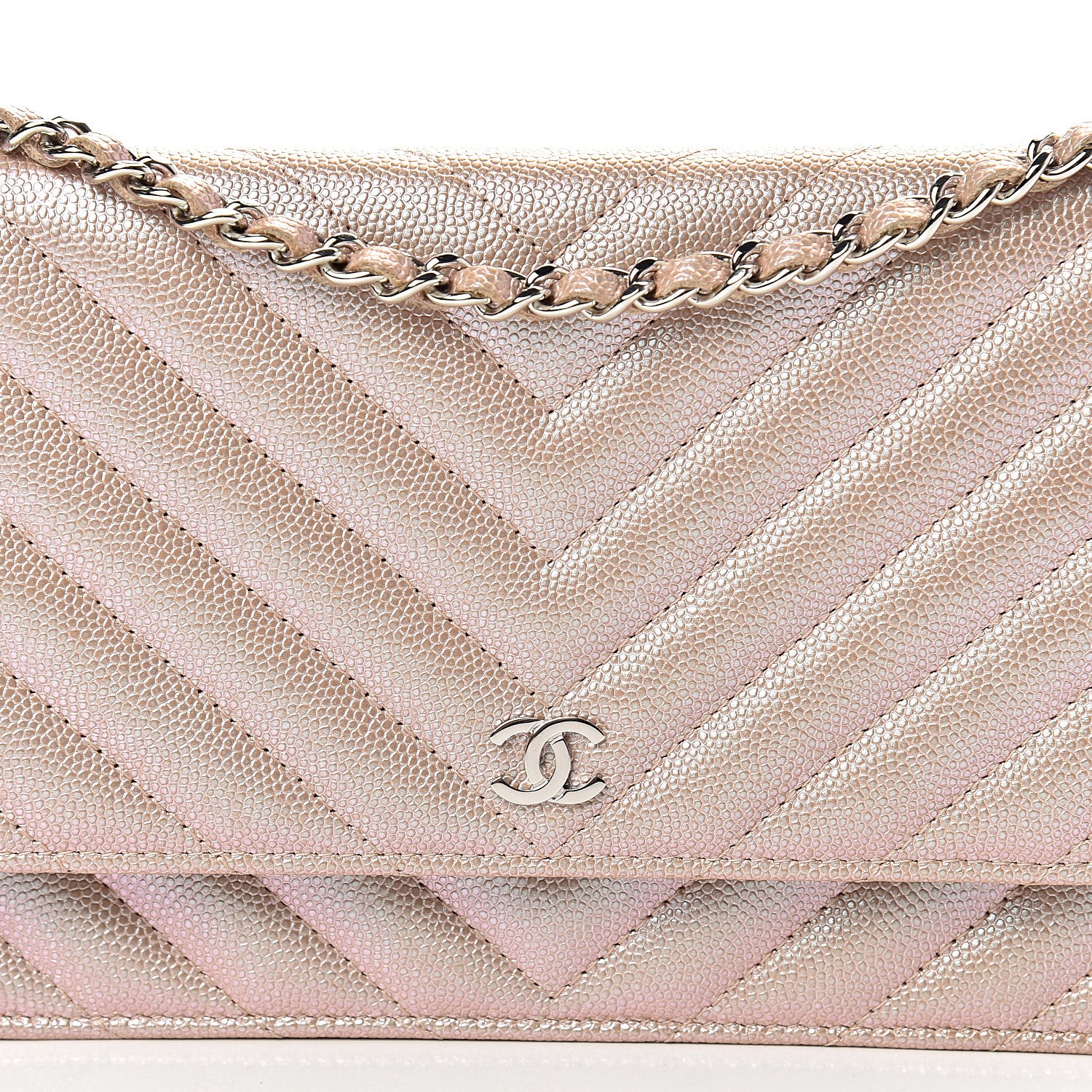 Chanel Metallic Caviar Chevron Quilted Wallet On Chain WOC Light Gold 8 of 11
