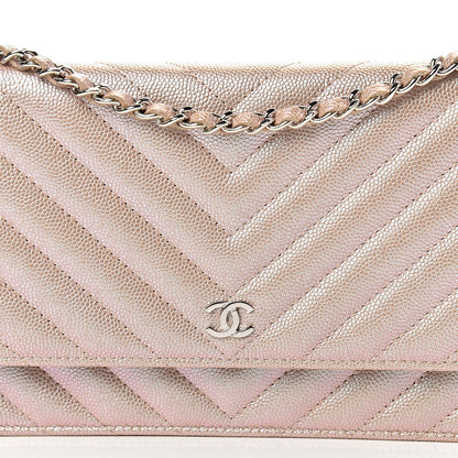Chanel Metallic Caviar Chevron Quilted Wallet On Chain WOC Light Gold 8 of 11