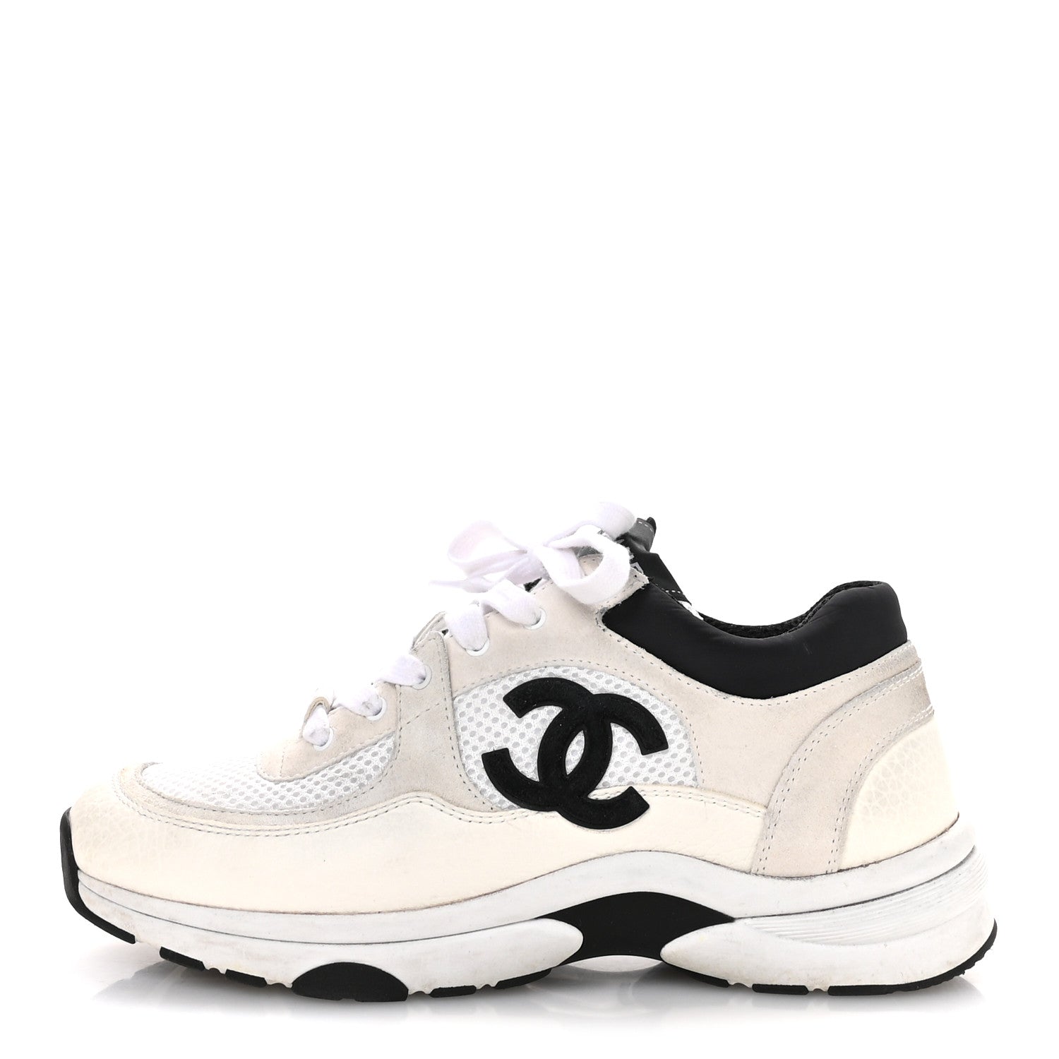 Chanel Mesh Suede Calfskin Grained Calfskin Womens CC Sneakers 38.5 White Black 1 of 9