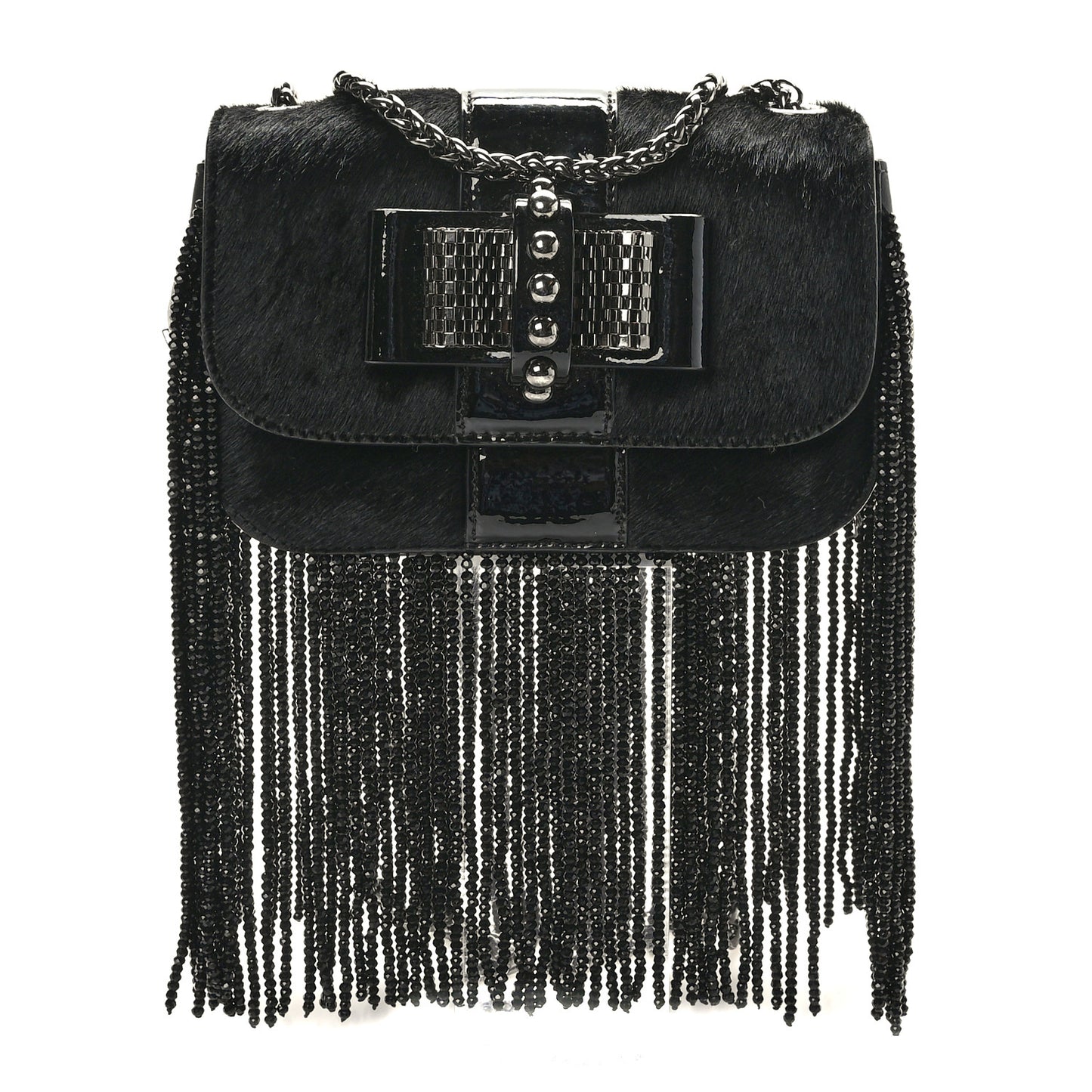 Pony Hair Patent Calfskin Mini Sweety Charity Fringe Crossbody Bag Black