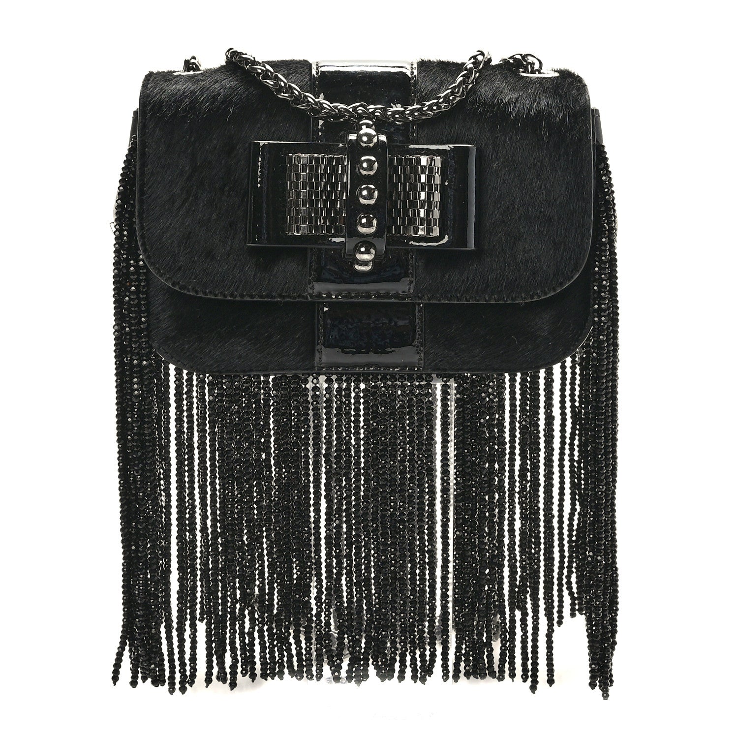 Christian Louboutin Pony Hair Patent Calfskin Mini Sweety Charity Fringe Crossbody Bag Black 1 of 8