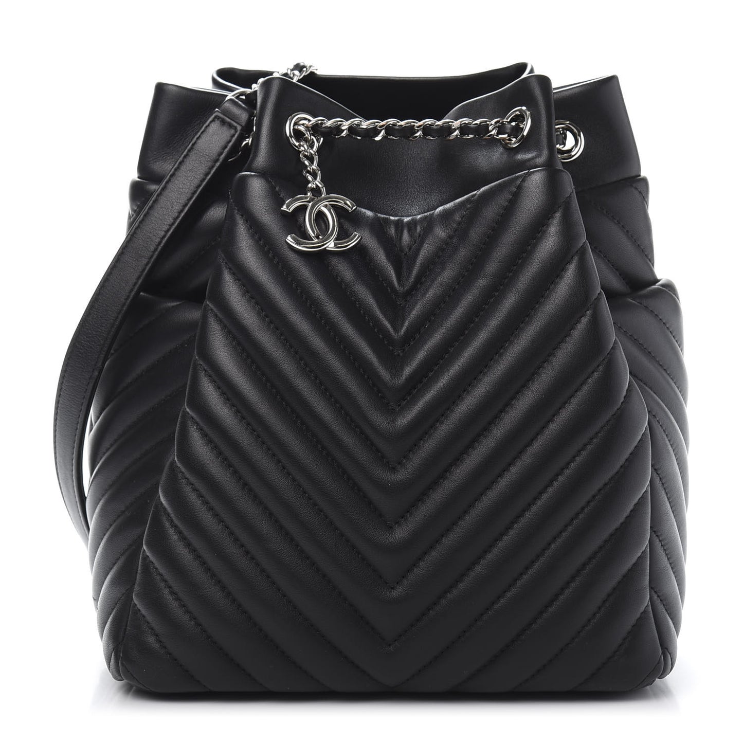 Lambskin Chevron Small Urban Spirit Drawstring Bag Black