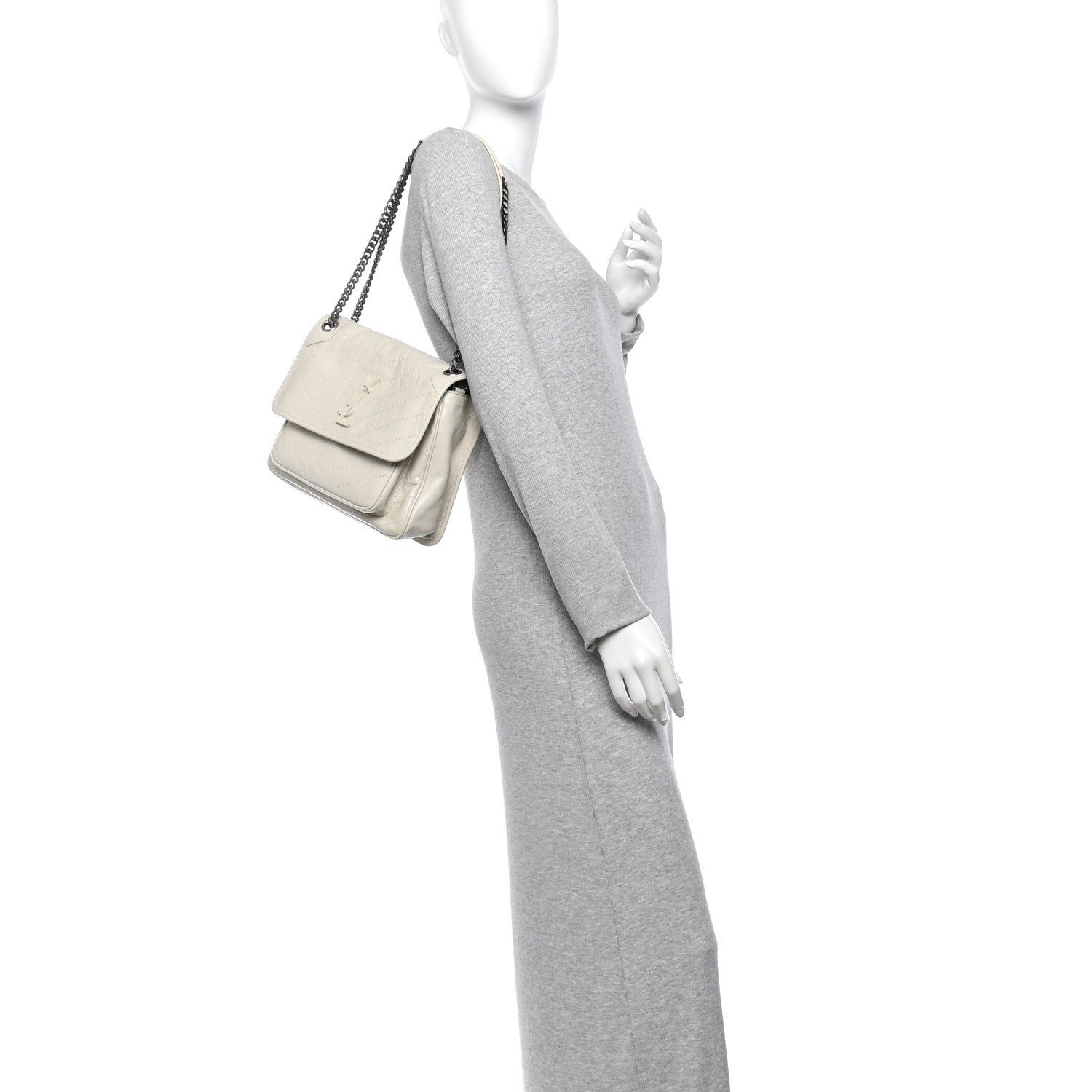 Saint Laurent Crinkled Calfskin Matelasse Monogram Medium Niki Chain Satchel Crema Soft 2 of 12