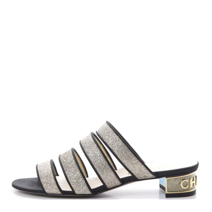 Chanel Sequin Grosgrain Logo Mules 37 Black Gold 1 of 10