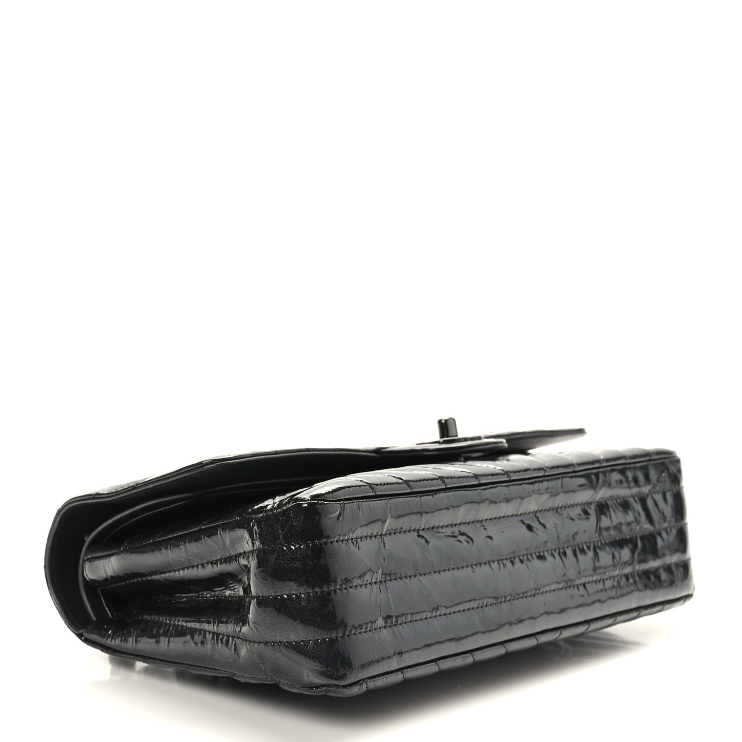 Metallic Patent Crumpled Calfskin Chevron Quilted Medium Double Flap So Black