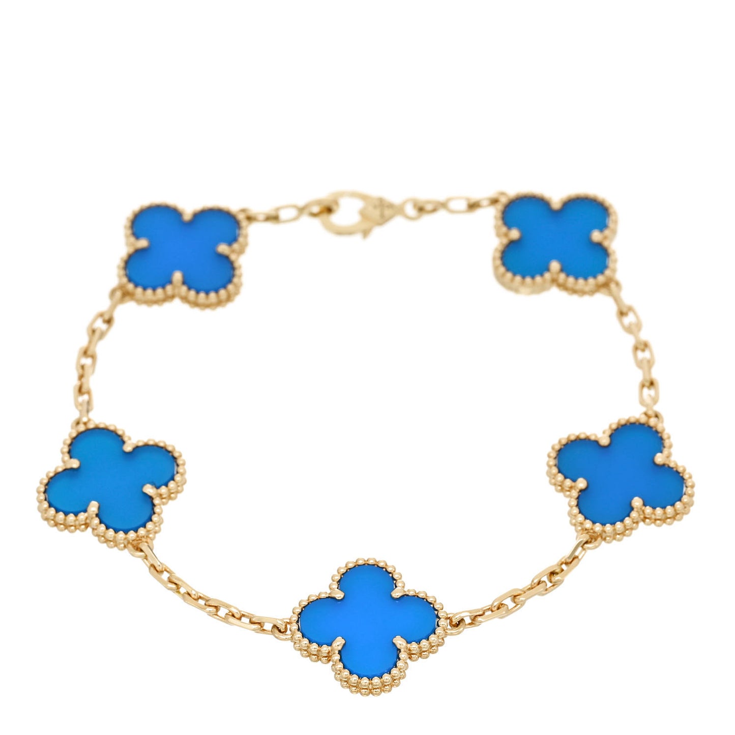 18K Yellow Gold Blue Agate 5 Motifs Vintage Alhambra Bracelet