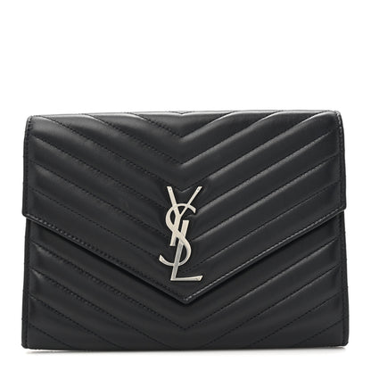 Saint Laurent Lambskin Matelasse Chevron Monogram Cassandre Flap Pouch Navy 1 of 8