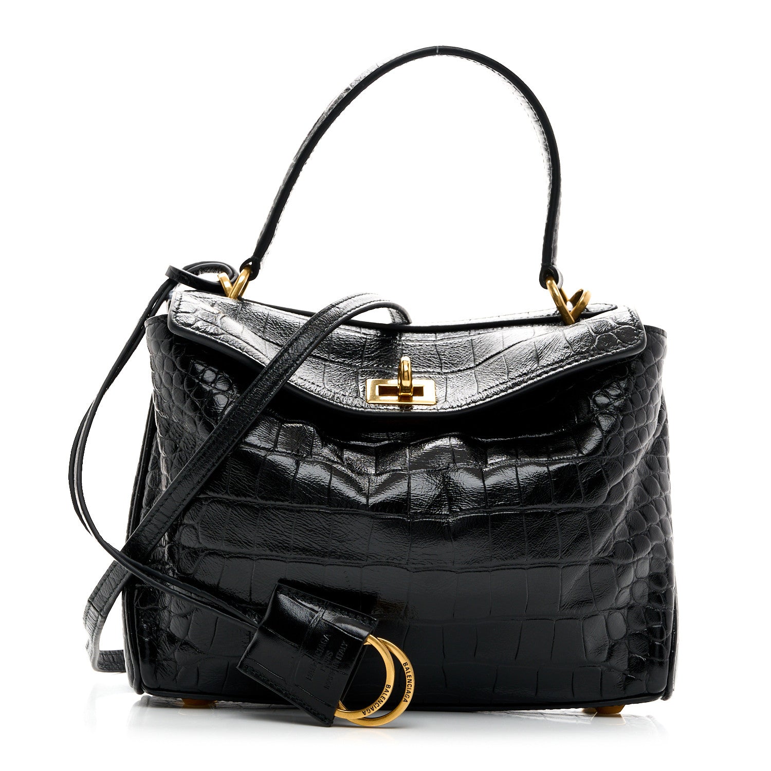 Balenciaga Shiny Calfskin Crocodile Embossed Mini Rodeo Top Handle Handbag Black 2 of 17