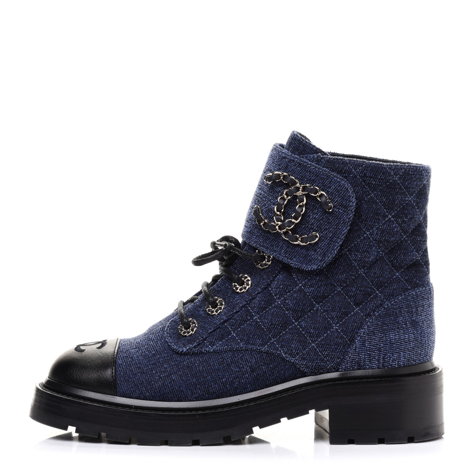 Chanel Shiny Calfskin Velvet Quilted Lace Up Combat Boots 37 Blue 1 of 13