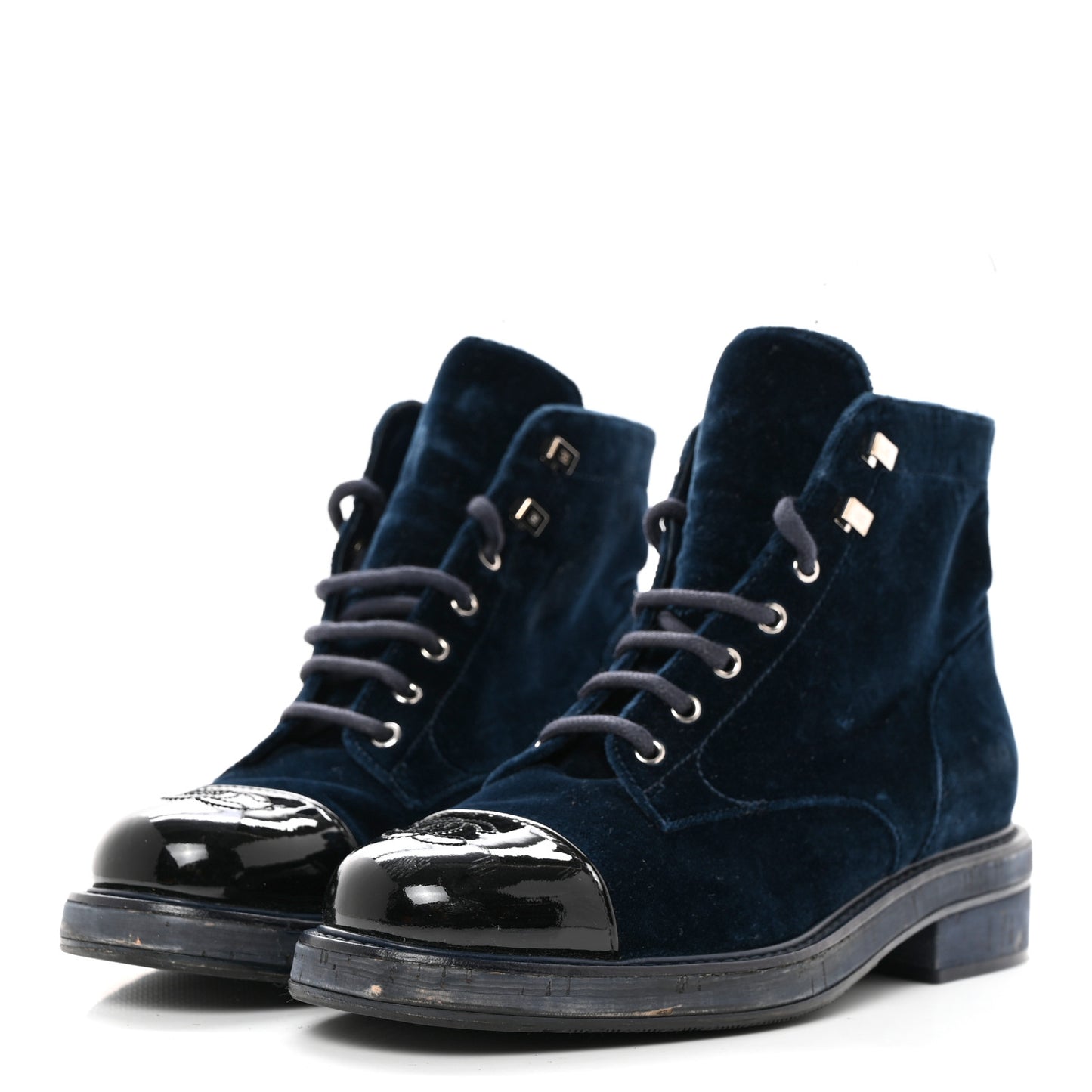 Velvet Patent Calfskin Lace Up Combat Boots 39.5 Blue Black
