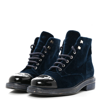 Chanel Velvet Patent Calfskin Lace Up Combat Boots 39.5 Blue Black 3 of 11