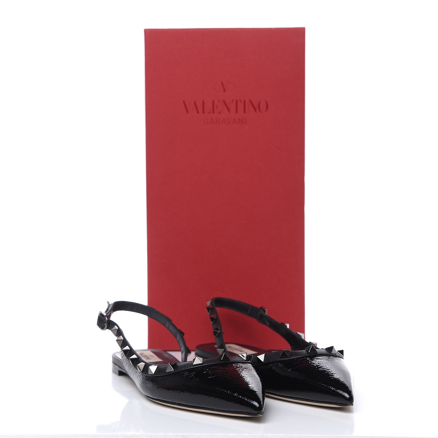 Valentino Garavani Crinkled Patent Calfskin Rockstud Slingback Flats 37.5 Black 9 of 9
