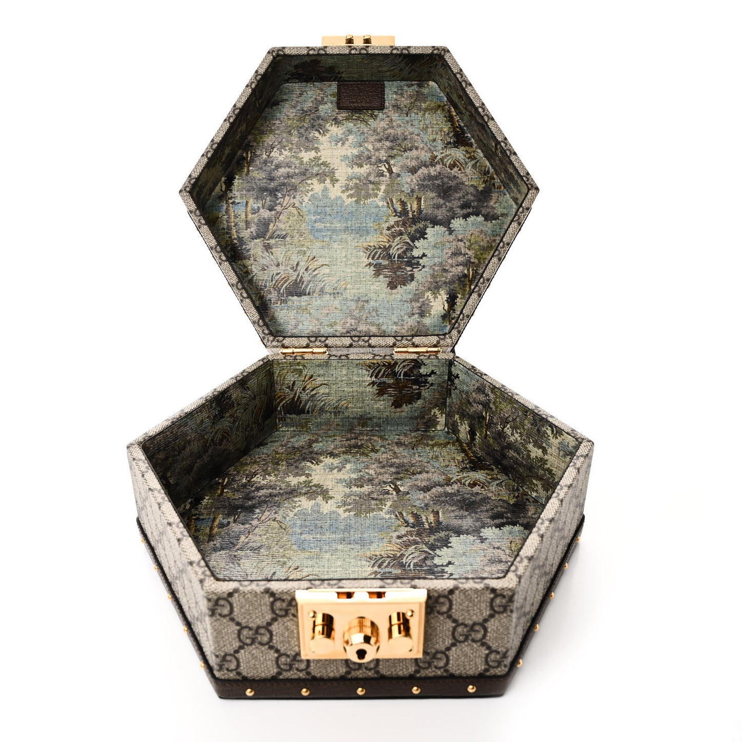 GG Supreme Monogram Textured Dollar Calfskin Studded Padlock Hexagon Top Handle Case Beige Ebony New Acero