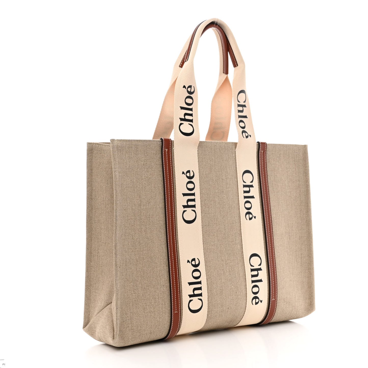 Linen Calfskin Large Woody Ribbon Tote White Brown