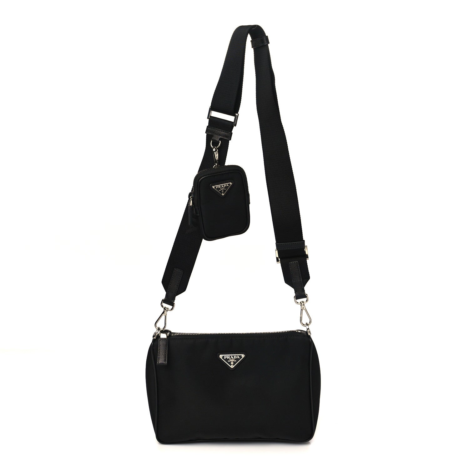 Prada Tessuto Nylon Saffiano Pocket Zippered Shoulder Bag Black 1 of 8
