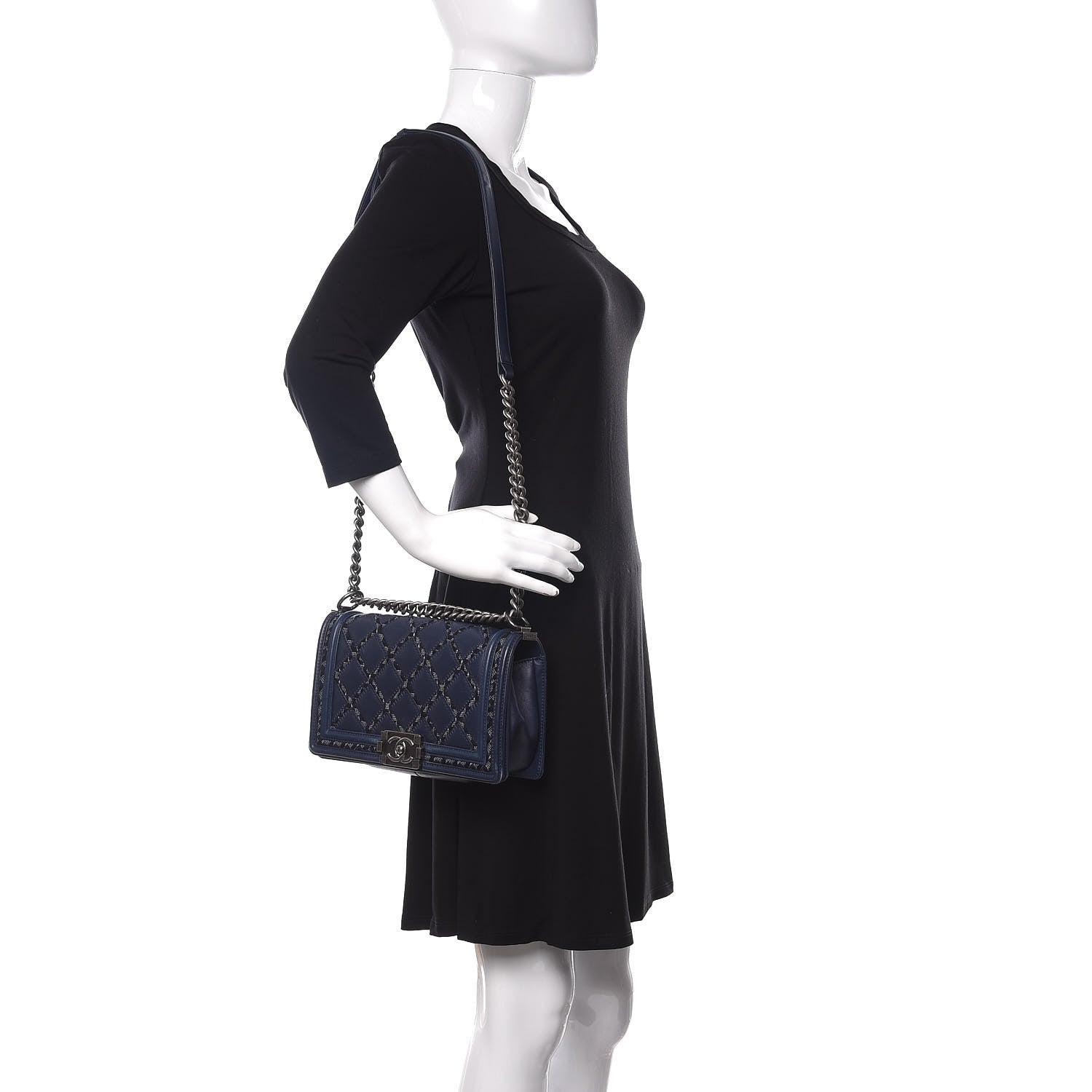 Chanel Calfskin Tweed Double Stitch Medium Boy Flap Navy Blue 2 of 14