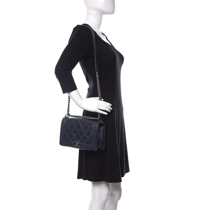 Chanel Calfskin Tweed Double Stitch Medium Boy Flap Navy Blue 2 of 14