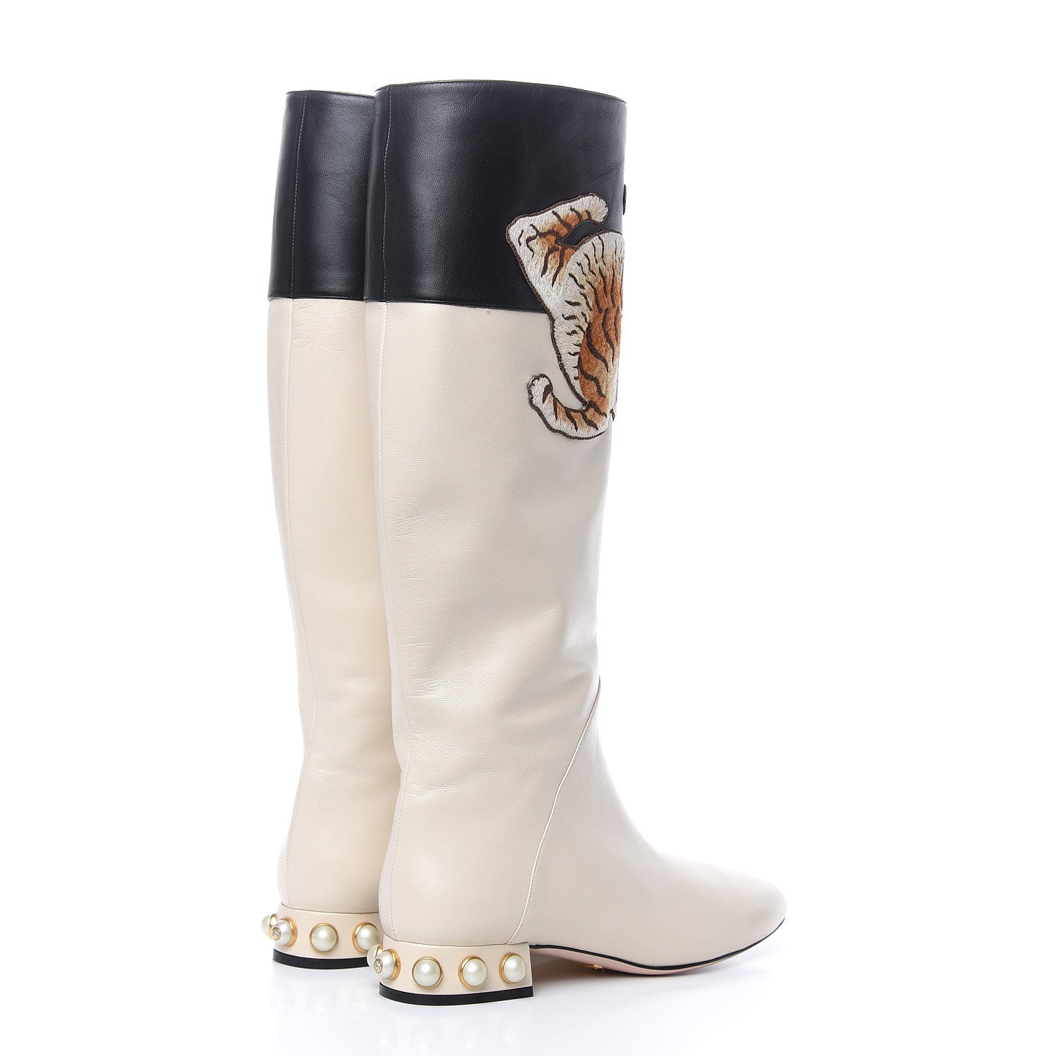 Gucci Nappa Pearl Tiger Embroidered Knee High Boots 39 Mystic White Black 4 of 9